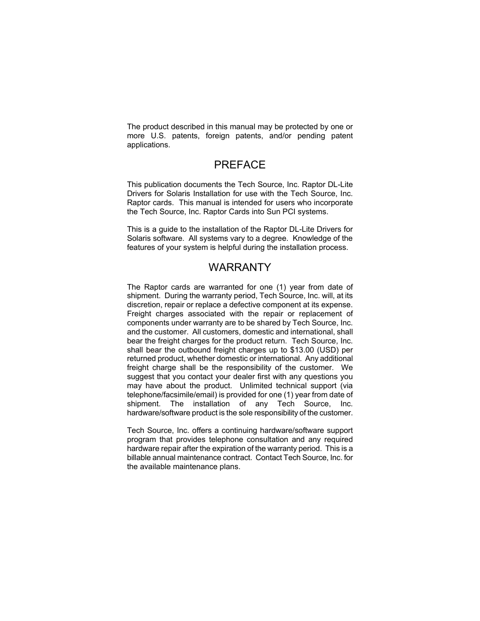 Preface, Warranty | Tech Source Raptor DL-Lite Drivers for Solaris User Manual | Page 3 / 36