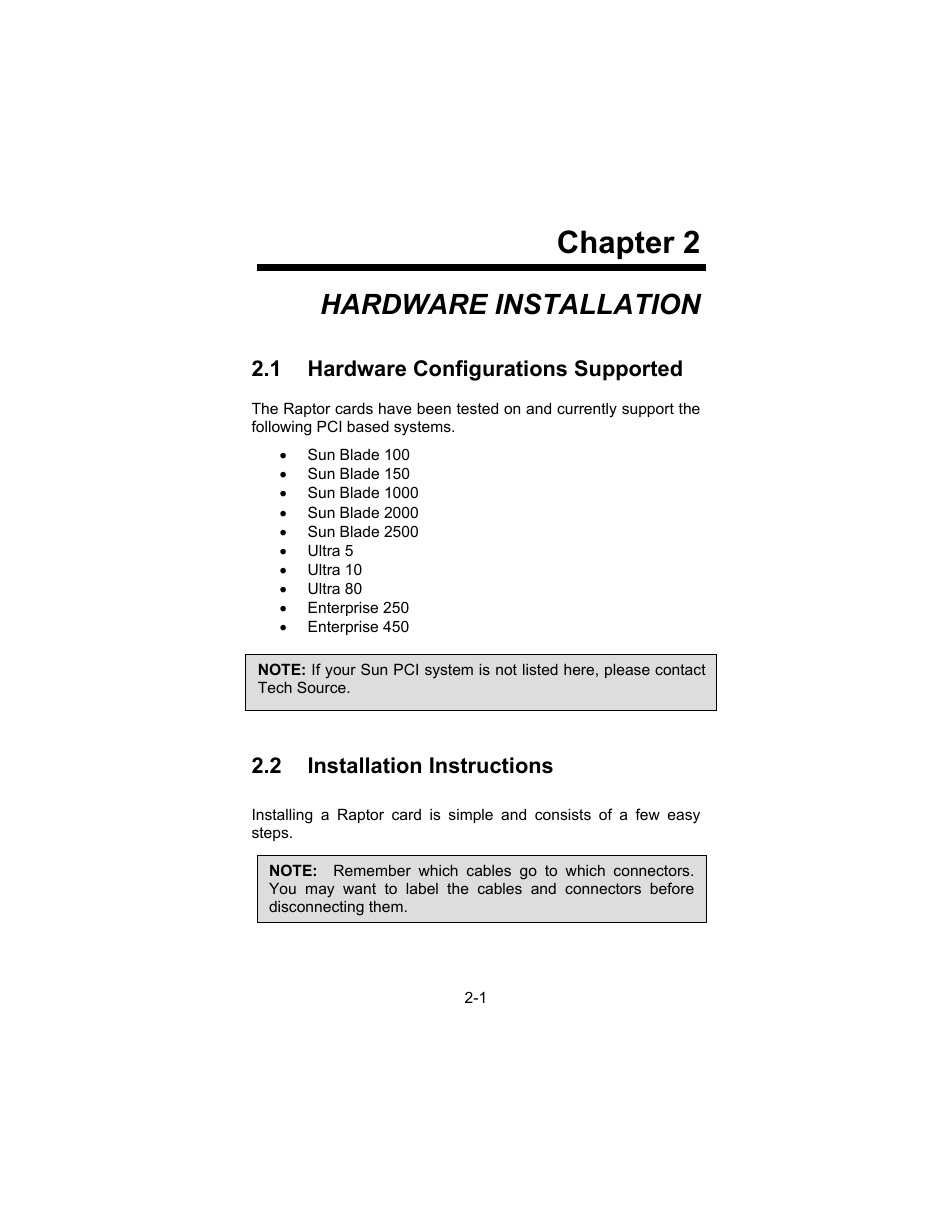 Chapter 2, Hardware installation, 1 hardware configurations supported | 2 installation instructions | Tech Source Raptor DL-Lite Drivers for Solaris User Manual | Page 9 / 36
