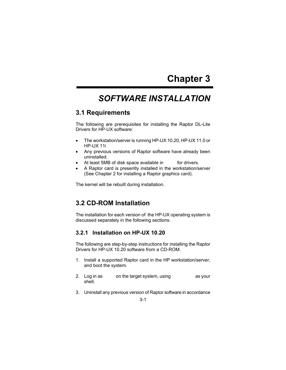 Chapter 3, Software installation, 1 requirements | 2 cd-rom installation | Tech Source Raptor DL-Lite Drivers for HP-UX User Manual | Page 11 / 32