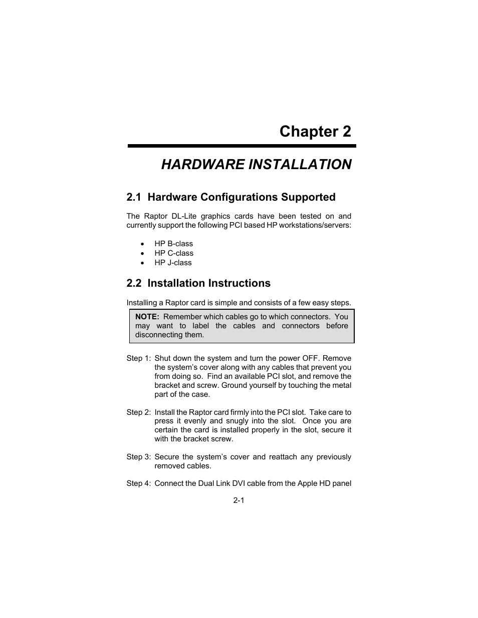 Chapter 2, Hardware installation, 1 hardware configurations supported | 2 installation instructions | Tech Source Raptor DL-Lite Drivers for HP-UX User Manual | Page 9 / 32
