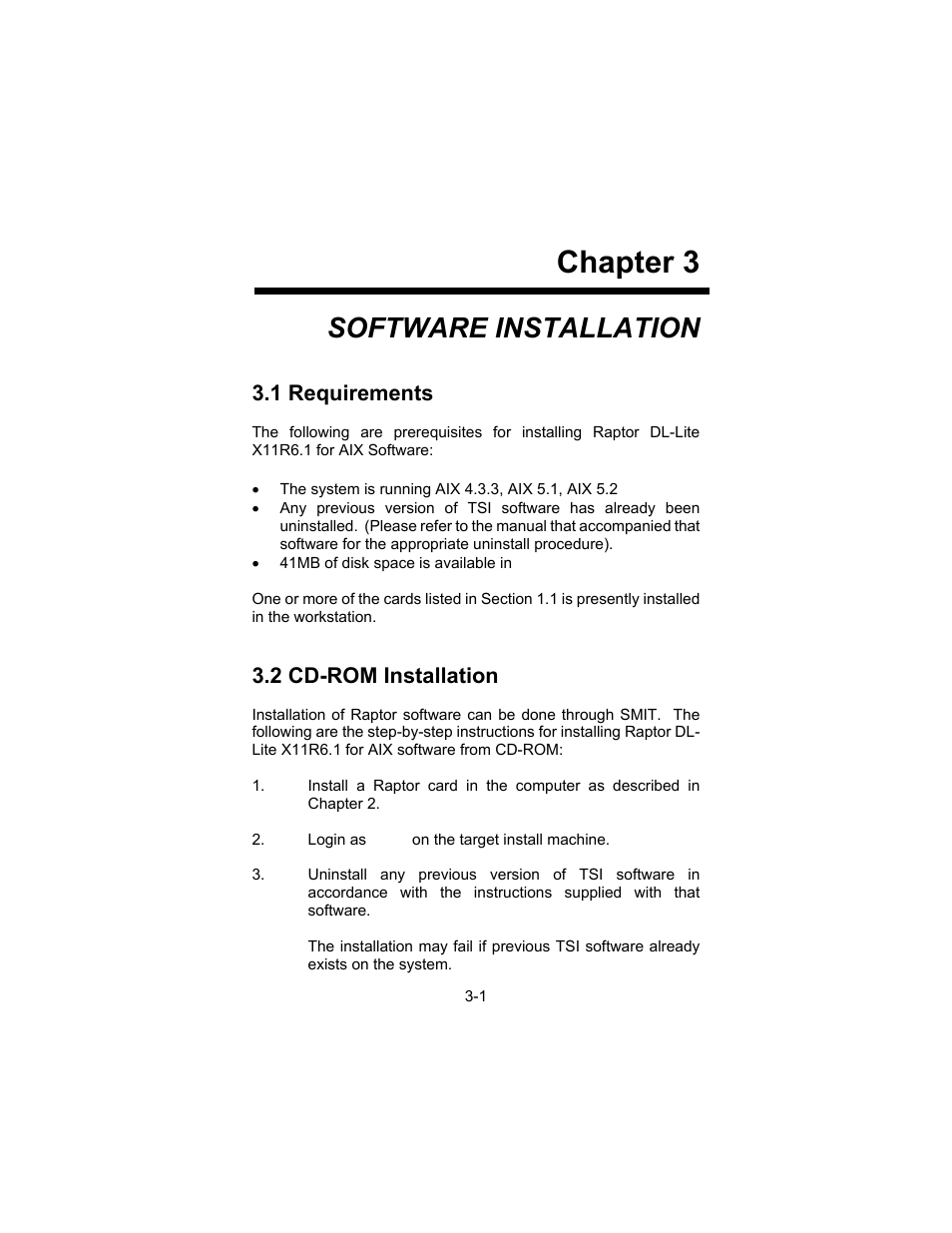 Chapter 3, Software installation, 1 requirements | 2 cd-rom installation | Tech Source Raptor DL-Lite Drivers for AIX User Manual | Page 11 / 32