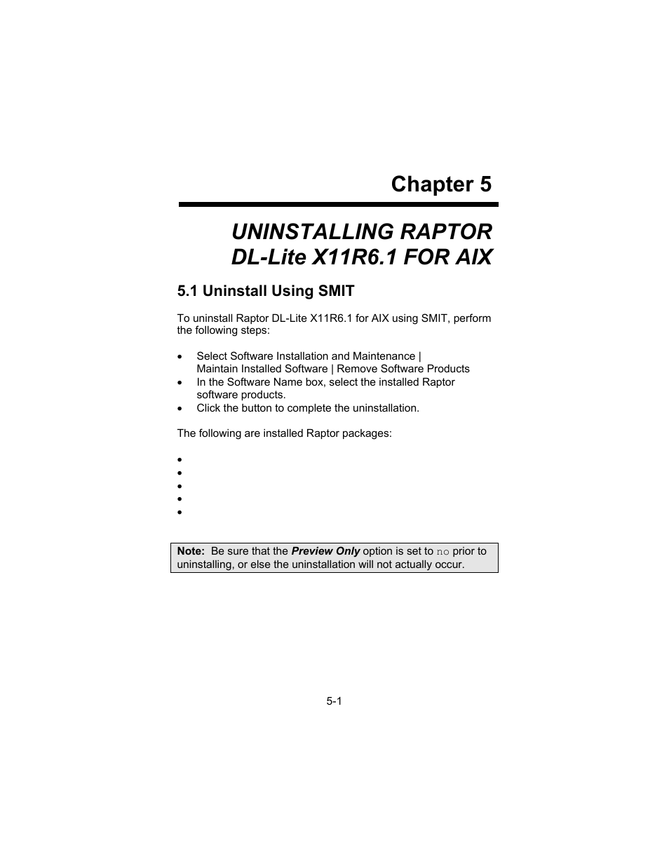 Chapter 5, Uninstalling raptor dl-lite x11r6.1 for aix, 1 uninstall using smit | Tech Source Raptor DL-Lite Drivers for AIX User Manual | Page 23 / 32