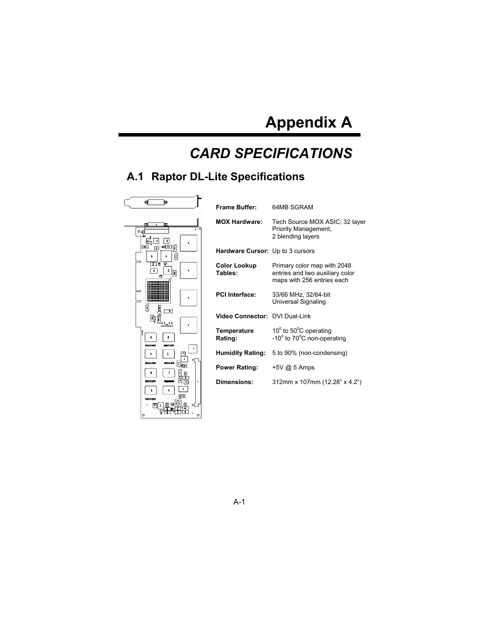 Appendix a, Card specifications, A.1 raptor dl-lite specifications | Tech Source Raptor DL-Lite Drivers for AIX User Manual | Page 27 / 32