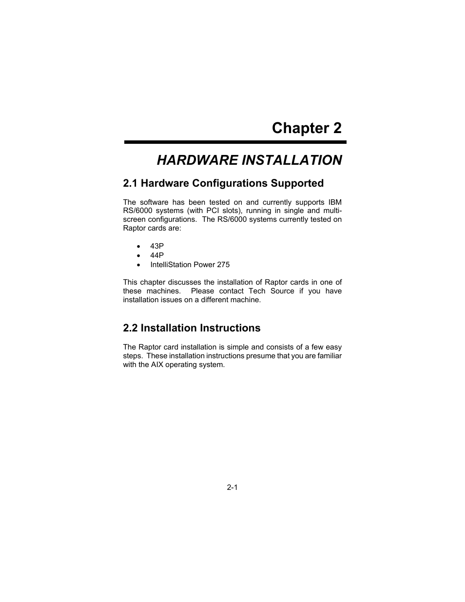 Chapter 2, Hardware installation | Tech Source Raptor DL-Lite Drivers for AIX User Manual | Page 9 / 32