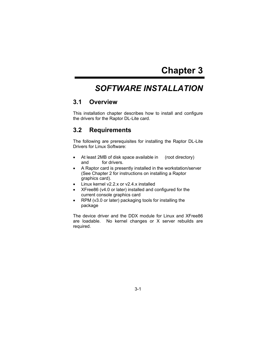 Chapter 3, Software installation, 1 overview | 2 requirements | Tech Source Raptor DL-Lite Drivers for Linux User Manual | Page 11 / 40