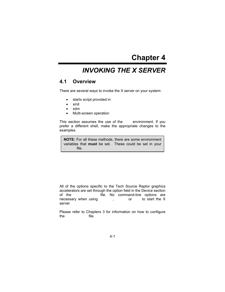 Chapter 4, Invoking the x server, 1 overview | Tech Source Raptor DL-Lite Drivers for Linux User Manual | Page 21 / 40