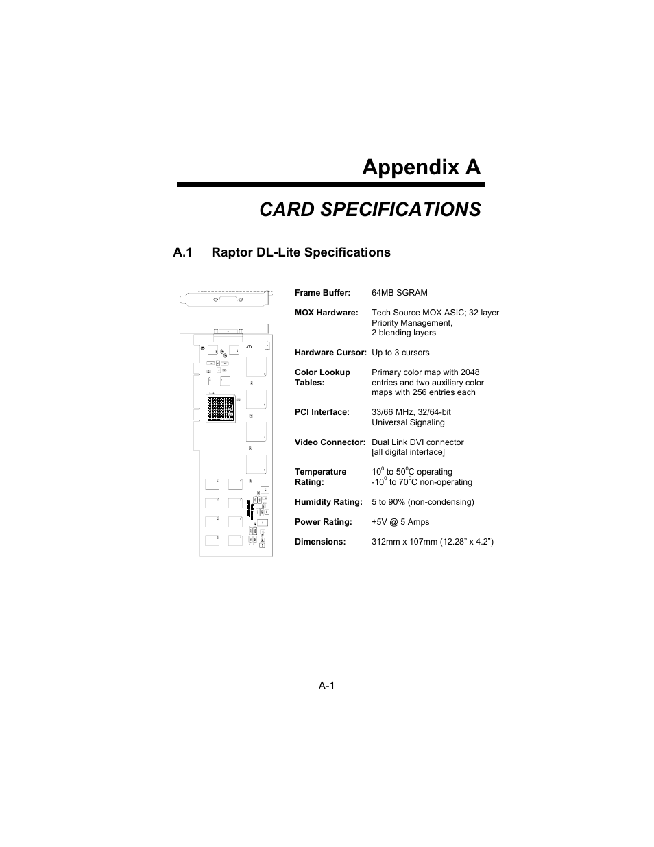 Appendix a, Card specifications, A.1 raptor dl-lite specifications | Tech Source Raptor DL-Lite Drivers for Linux User Manual | Page 33 / 40