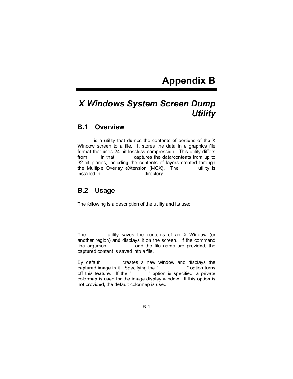 Appendix b, X windows system screen dump utility, B.1 overview | B.2 usage | Tech Source Raptor DL-Lite Drivers for Linux User Manual | Page 35 / 40