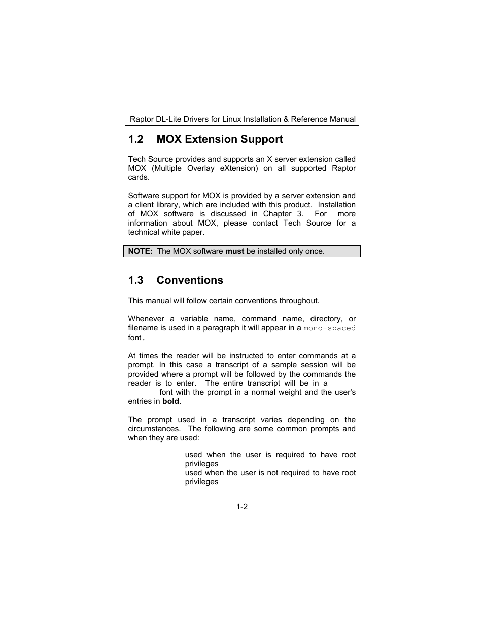 2 mox extension support, 3 conventions | Tech Source Raptor DL-Lite Drivers for Linux User Manual | Page 8 / 40