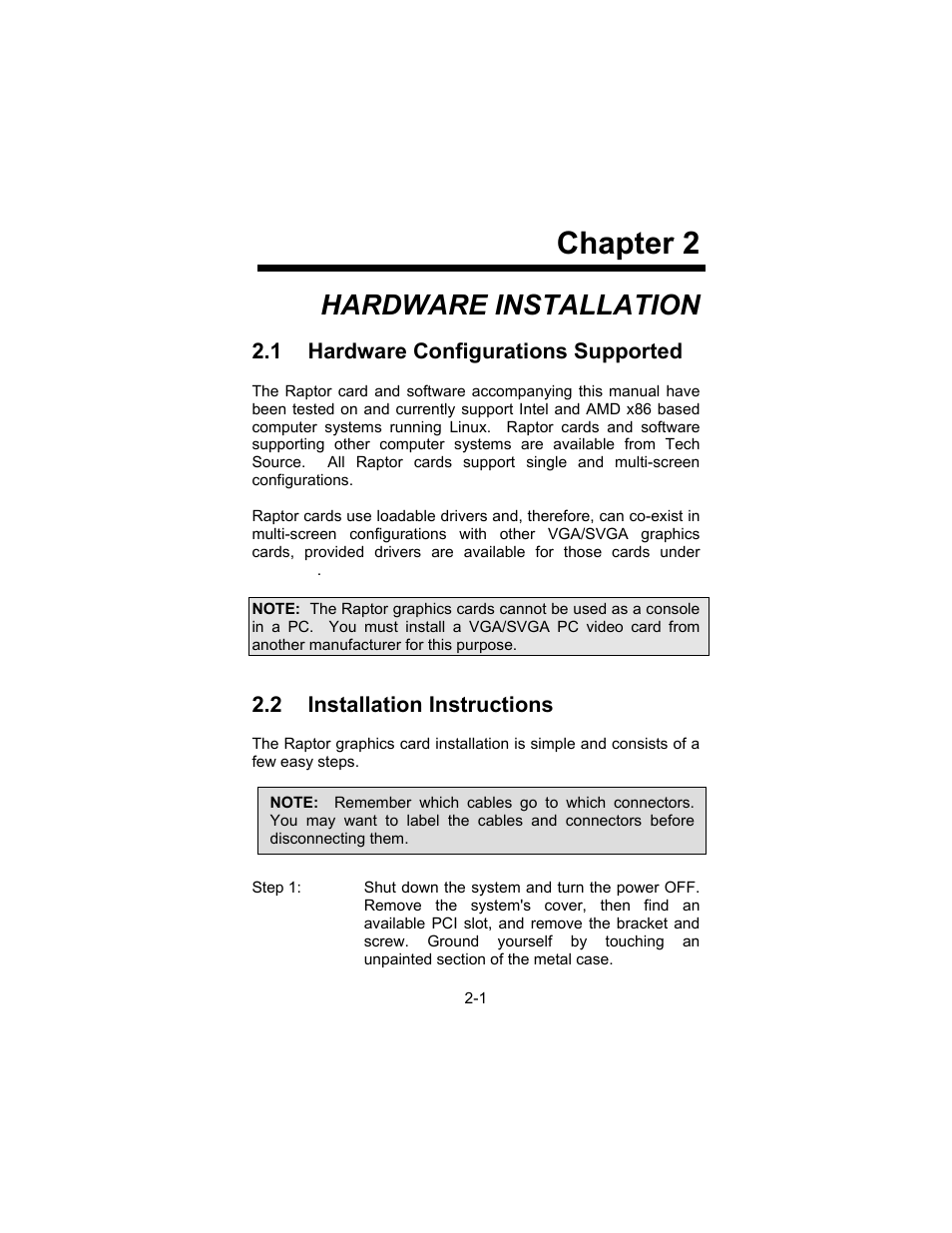 Chapter 2, Hardware installation | Tech Source Raptor DL-Lite Drivers for Linux User Manual | Page 9 / 40