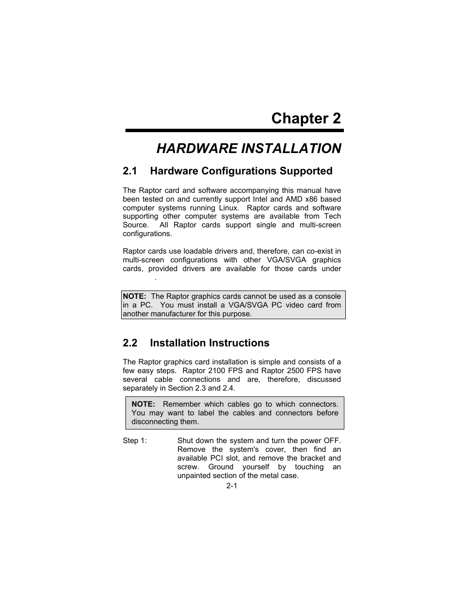 Chapter 2, Hardware installation | Tech Source Raptor Drivers for Linux User Manual | Page 11 / 64