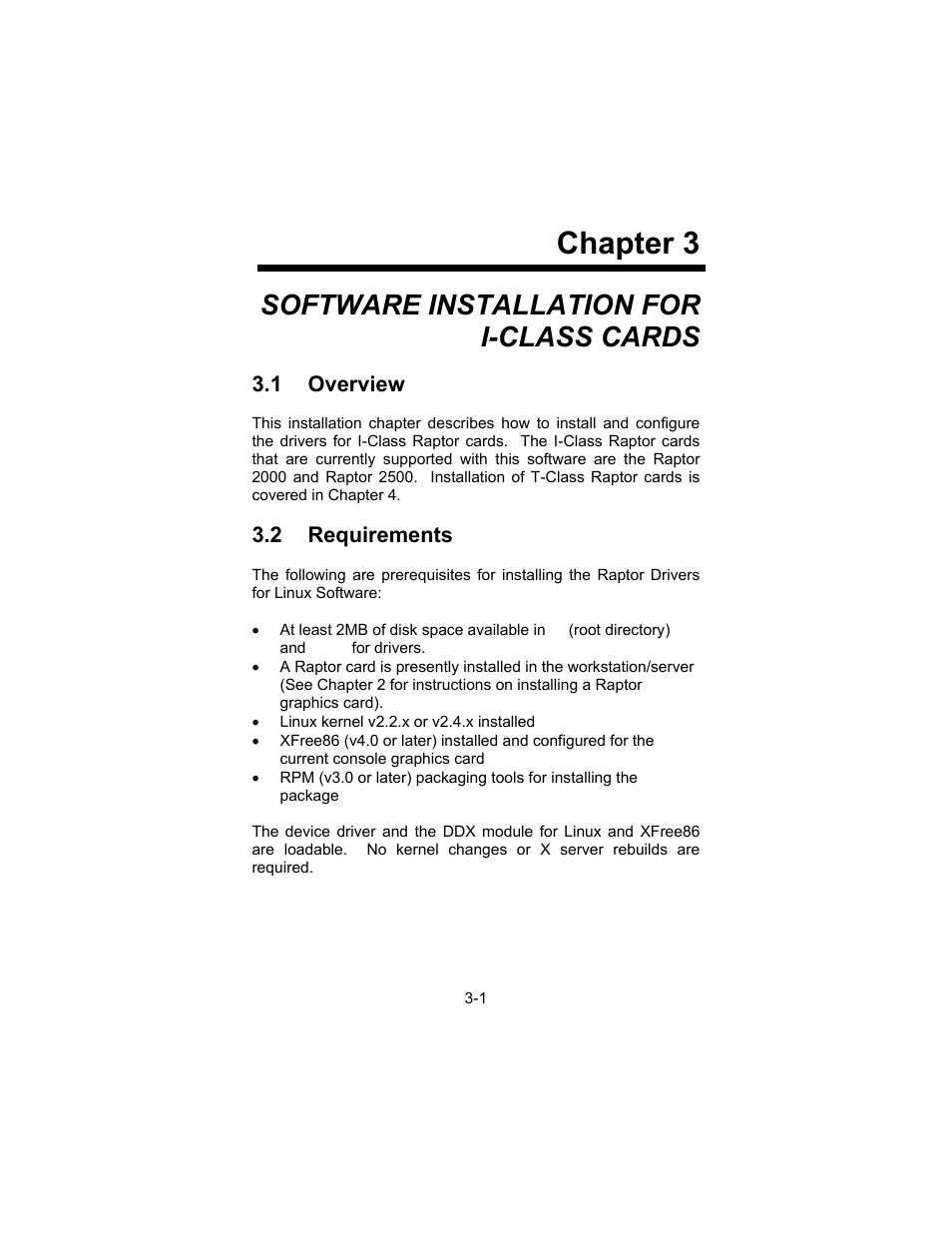Chapter 3, Software installation for i-class cards, 1 overview | 2 requirements | Tech Source Raptor Drivers for Linux User Manual | Page 15 / 64