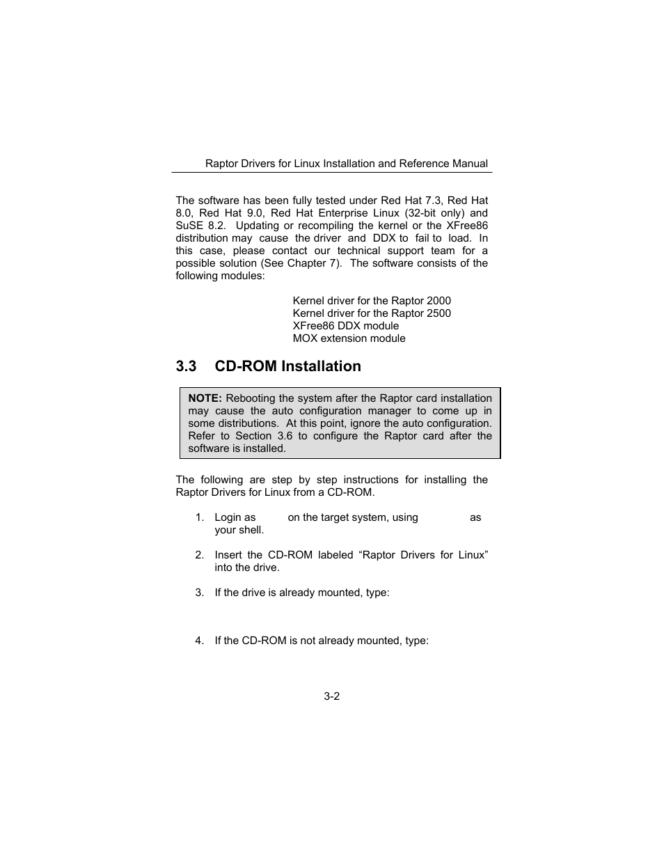 3 cd-rom installation | Tech Source Raptor Drivers for Linux User Manual | Page 16 / 64