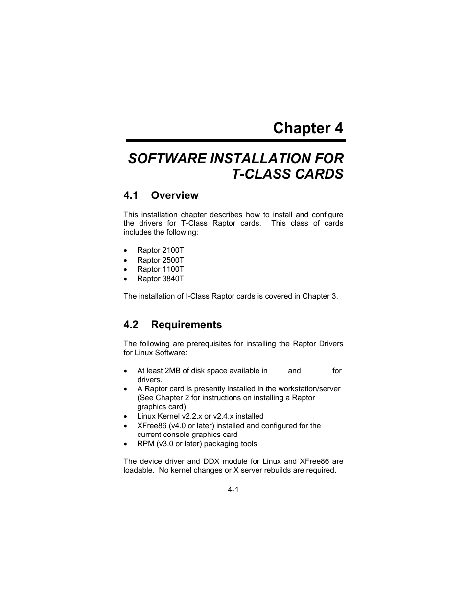 Chapter 4, Software installation for t-class cards, 1 overview | 2 requirements | Tech Source Raptor Drivers for Linux User Manual | Page 23 / 64