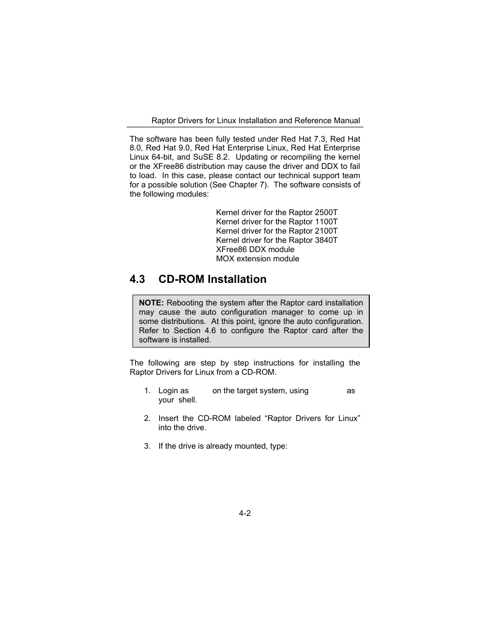 3 cd-rom installation | Tech Source Raptor Drivers for Linux User Manual | Page 24 / 64