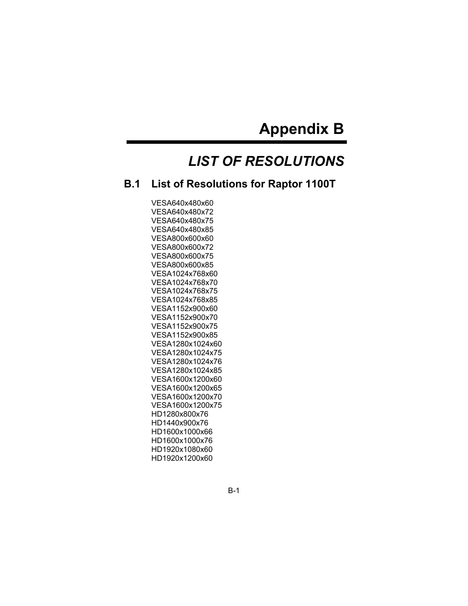 Appendix b, List of resolutions | Tech Source Raptor Drivers for Linux User Manual | Page 57 / 64
