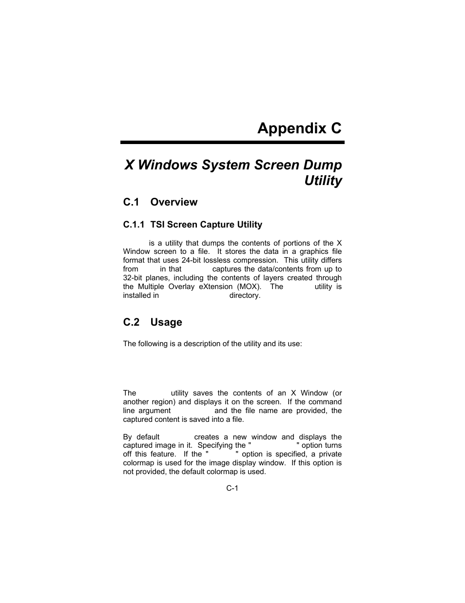 Appendix c, X windows system screen dump utility, C.1 overview | C.2 usage | Tech Source Raptor Drivers for Linux User Manual | Page 59 / 64