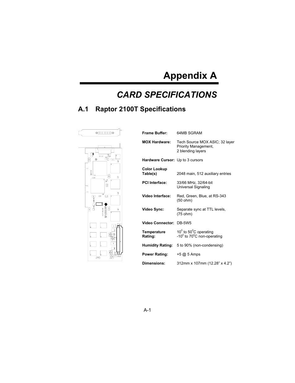 Appendix a, Card specifications | Tech Source Raptor X11R6.1 for AIX User Manual | Page 31 / 40