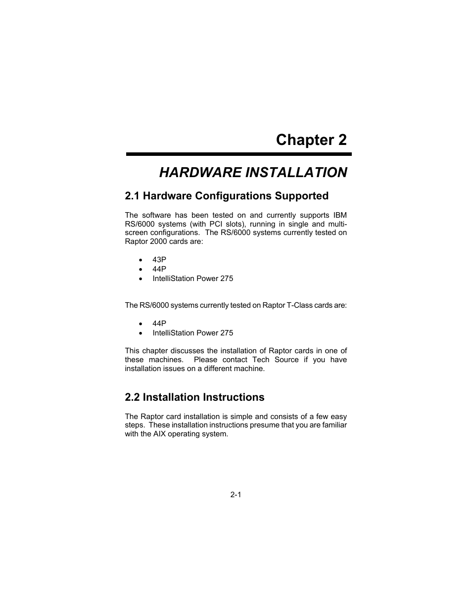 Chapter 2, Hardware installation | Tech Source Raptor X11R6.1 for AIX User Manual | Page 9 / 40