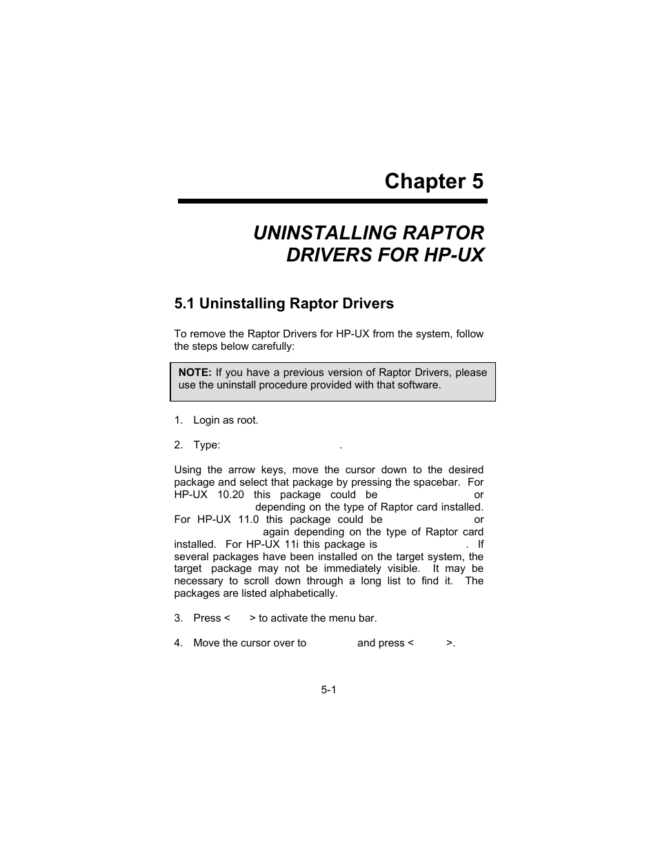 Chapter 5, Uninstalling raptor drivers for hp-ux, 1 uninstalling raptor drivers | Tech Source Raptor Drivers for HP-UX User Manual | Page 27 / 36