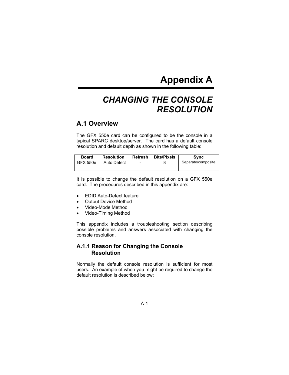 Appendix a, Changing the console resolution, A.1 overview | Tech Source GFX 550e User Manual | Page 29 / 48