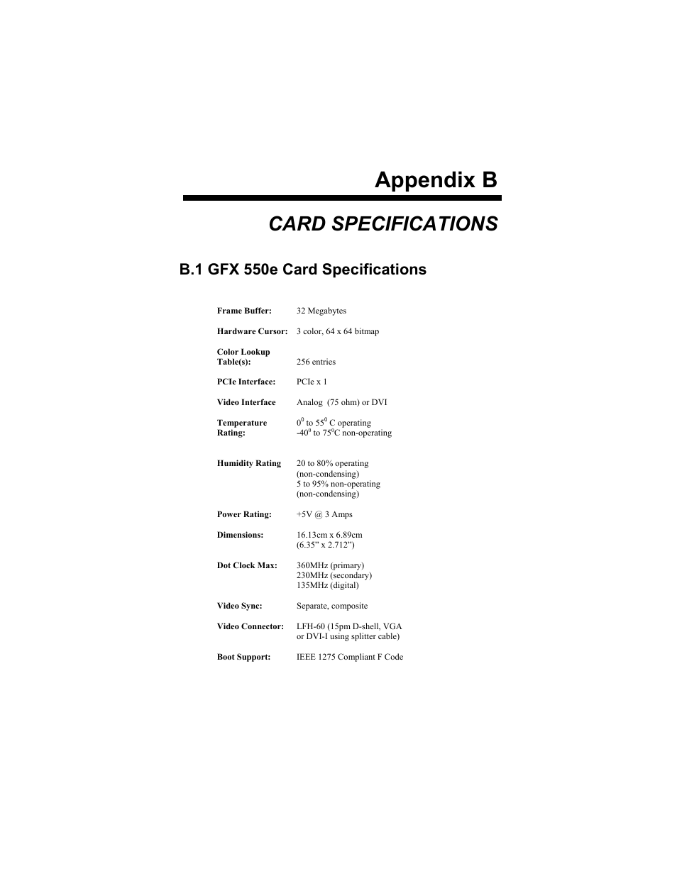 Appendix b, Card specifications, B.1 gfx 550e card specifications | Tech Source GFX 550e User Manual | Page 37 / 48