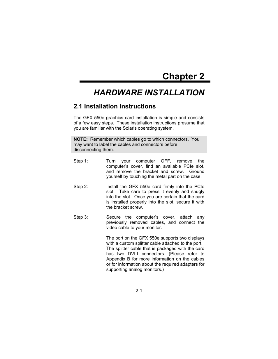 Chapter 2, Hardware installation, 1 installation instructions | Tech Source GFX 550e User Manual | Page 9 / 48