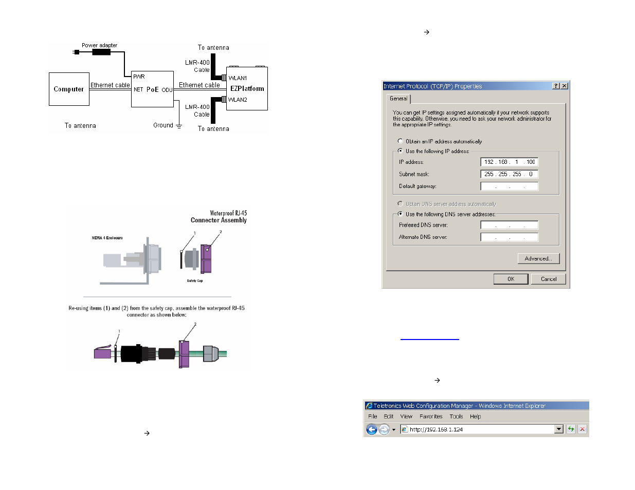 Hardware and connection setup, Logging in to the web configuration interface | Teletronics EZPlatform Quick Start User Manual | Page 2 / 2