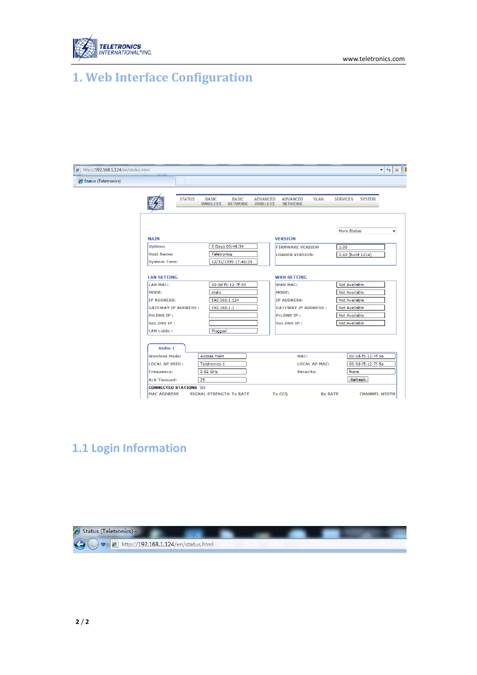 Web interface configuration, 1 login information | Teletronics EZMIMO User Manual | Page 2 / 8