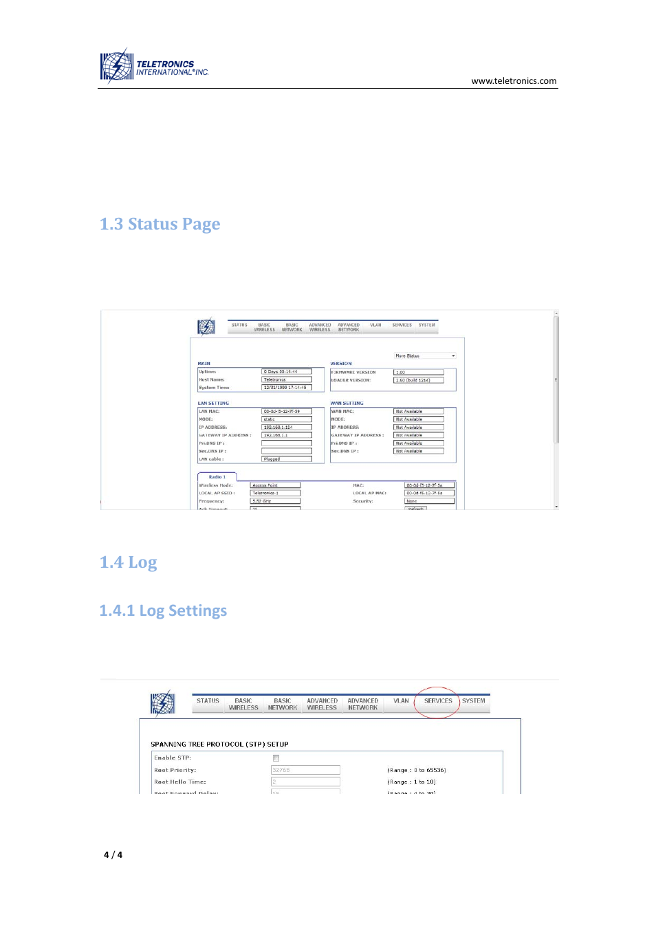4 log, 1 log settings, 3 status page | 4 log 1.4.1 log settings | Teletronics EZMIMO User Manual | Page 4 / 8