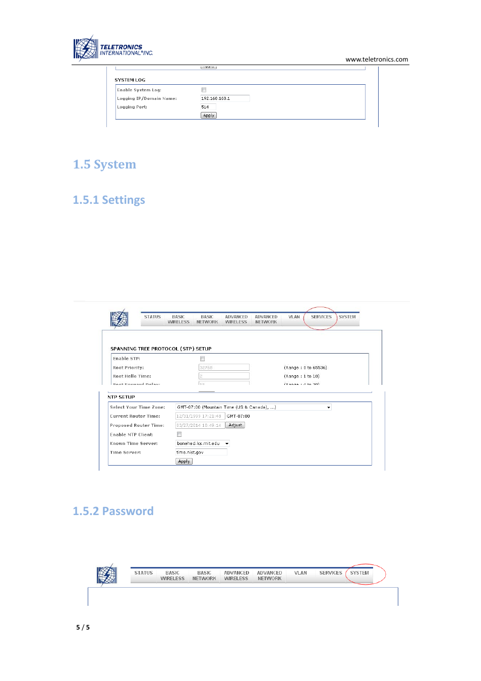 5 system, 1 settings, 2 password | 5 system 1.5.1 settings | Teletronics EZMIMO User Manual | Page 5 / 8