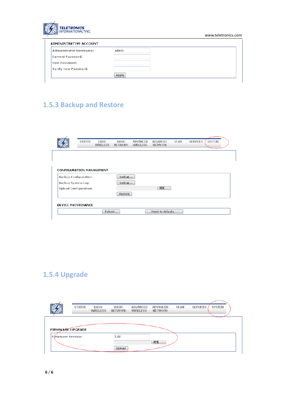 3 backup and restore, 4 upgrade | Teletronics EZMIMO User Manual | Page 6 / 8