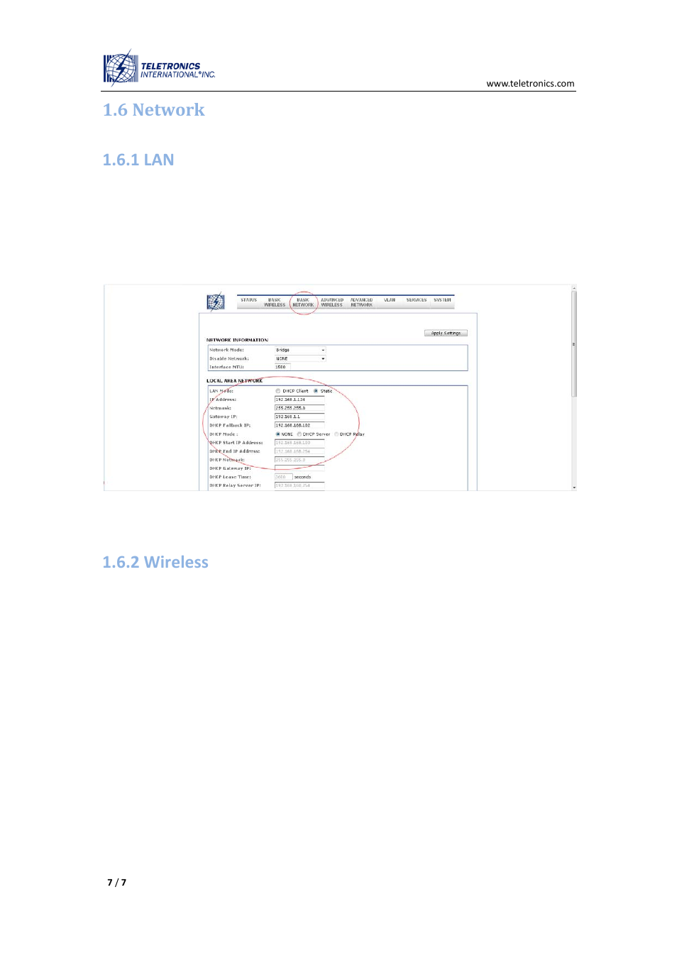 6 network, 1 lan, 2 wireless | 6 network 1.6.1 lan | Teletronics EZMIMO User Manual | Page 7 / 8