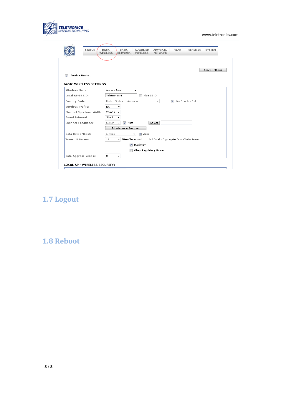 7 logout, 8 reboot | Teletronics EZMIMO User Manual | Page 8 / 8