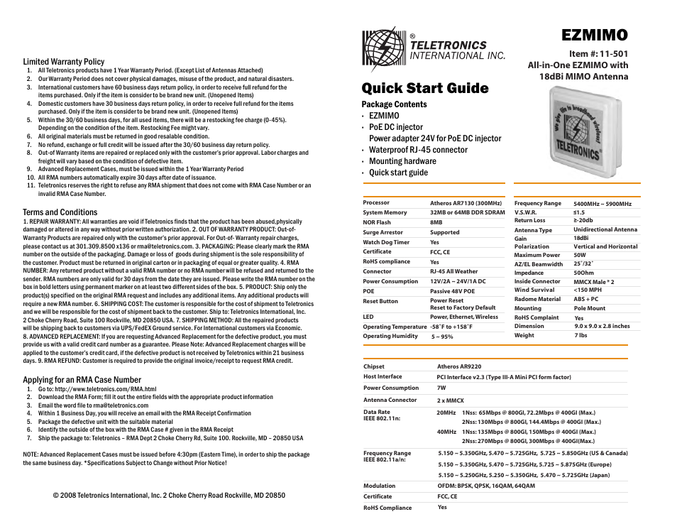 Teletronics EZMIMO Quick Start User Manual | 2 pages