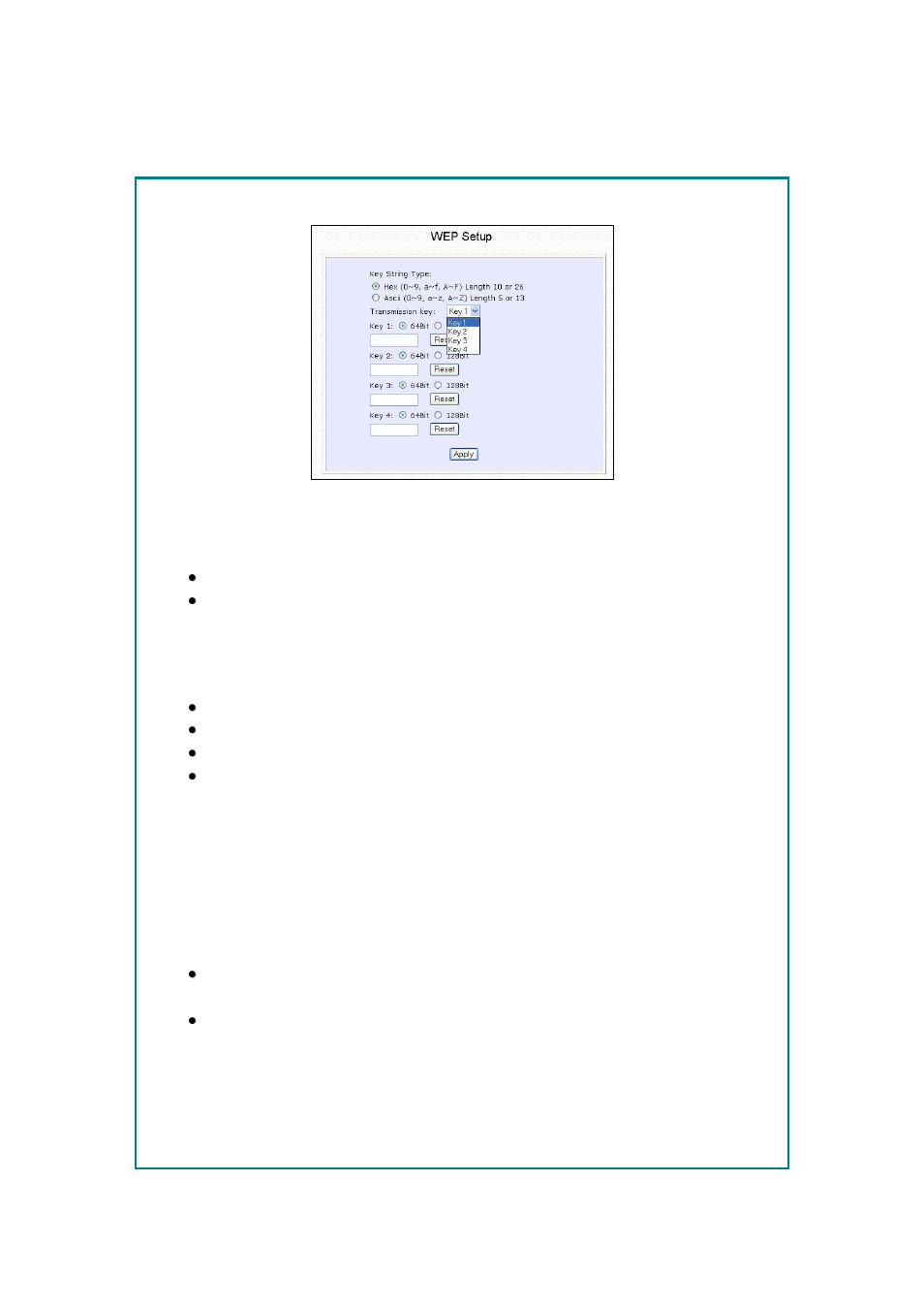 Setup wep, Use hexadecimal, Use ascii | Key 1, Key 2, Key 3, Key 4, Bit wep, 10 hexadecimal or 5 ascii text, 26 hexadecimal or 13 ascii text | Teletronics EZStation5 User Manual | Page 141 / 187