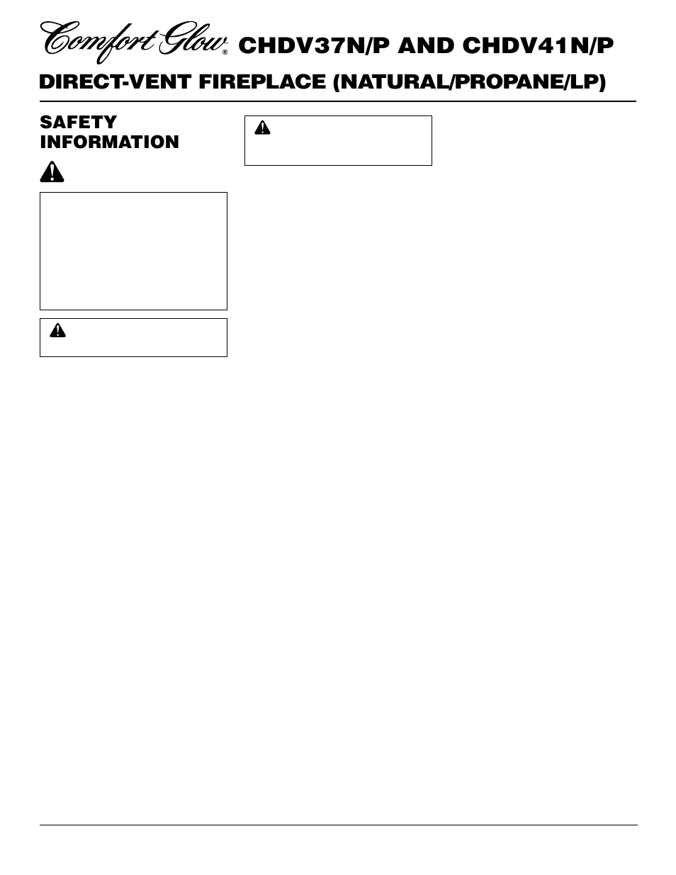 Chdv37n/p and chdv41n/p, Direct-vent fireplace (natural/propane/lp), Safety information | Desa Tech CHDV37P User Manual | Page 2 / 38