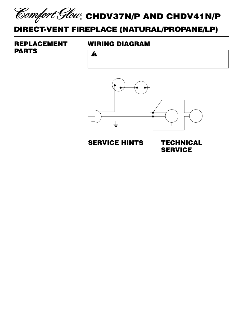 Chdv37n/p and chdv41n/p, Direct-vent fireplace (natural/propane/lp), Service hints | Technical service, Replacement parts, Wiring diagram | Desa Tech CHDV37P User Manual | Page 32 / 38