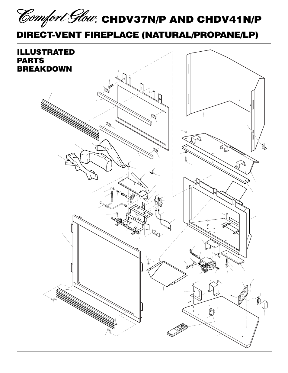 Chdv37n/p and chdv41n/p, Direct-vent fireplace (natural/propane/lp), Illustrated parts breakdown | Desa Tech CHDV37P User Manual | Page 34 / 38