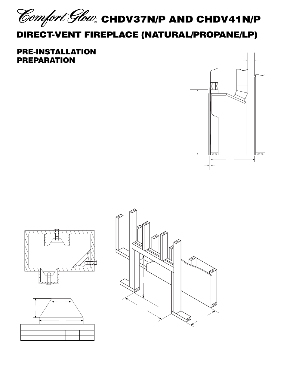 Chdv37n/p and chdv41n/p, Direct-vent fireplace (natural/propane/lp), Pre-installation preparation | Location and space requirements, Clearances, Framing and finishing | Desa Tech CHDV37P User Manual | Page 4 / 38