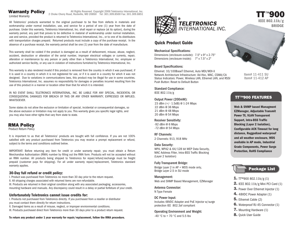 Teletronics TT 900 Quick Start User Manual | 2 pages
