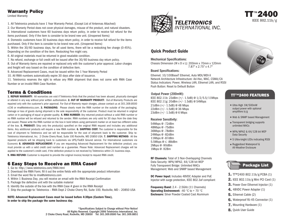 Teletronics TT 2400 Quick Start User Manual | 2 pages