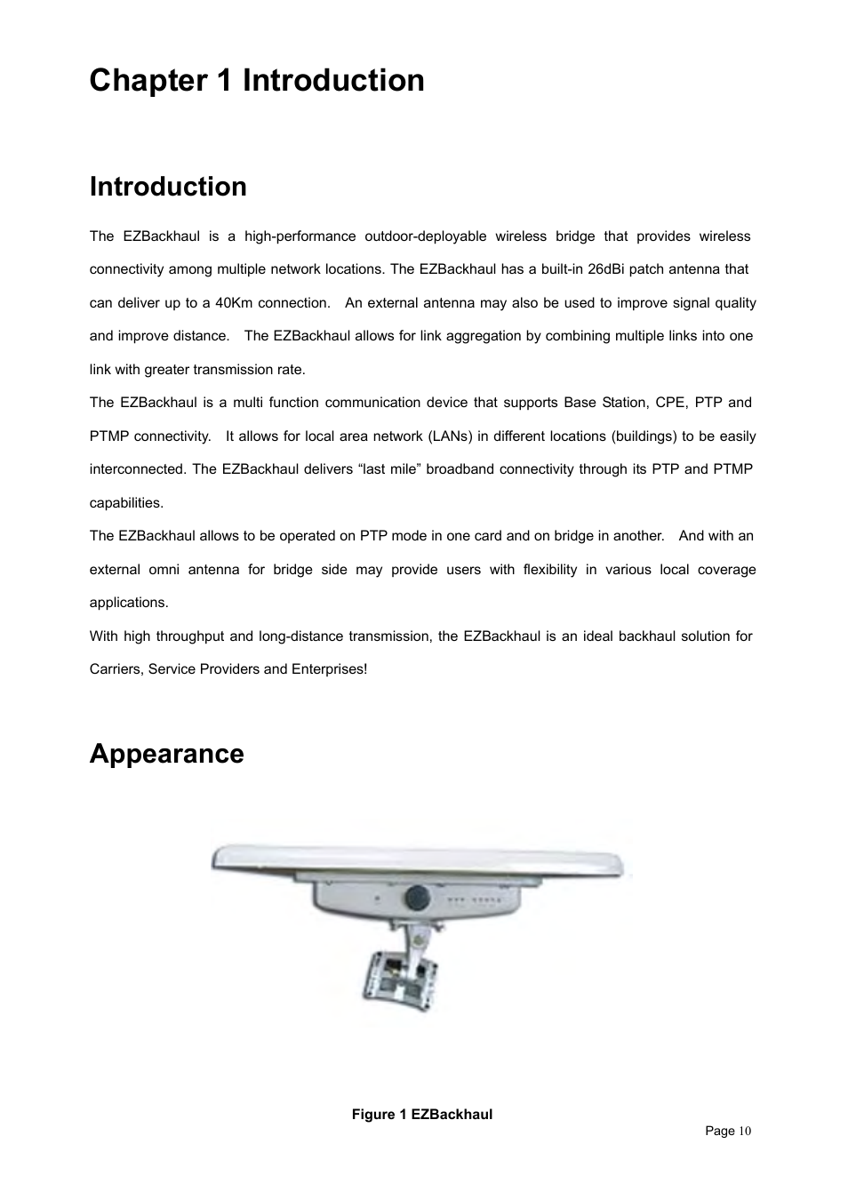 Chapter 1 introduction, Introduction, Appearance | Ntroduction, Ppearance, Igure, Ezbackhaul | Teletronics EZBackhaul User Manual | Page 10 / 62