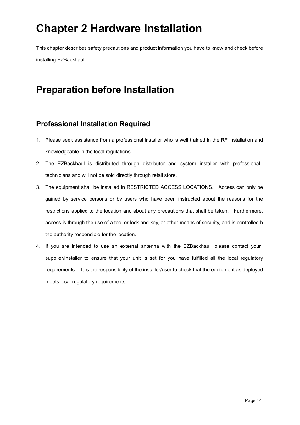 Chapter 2 hardware installation, Preparation before installation, Professional installation required | Reparation before, Nstallation | Teletronics EZBackhaul User Manual | Page 14 / 62