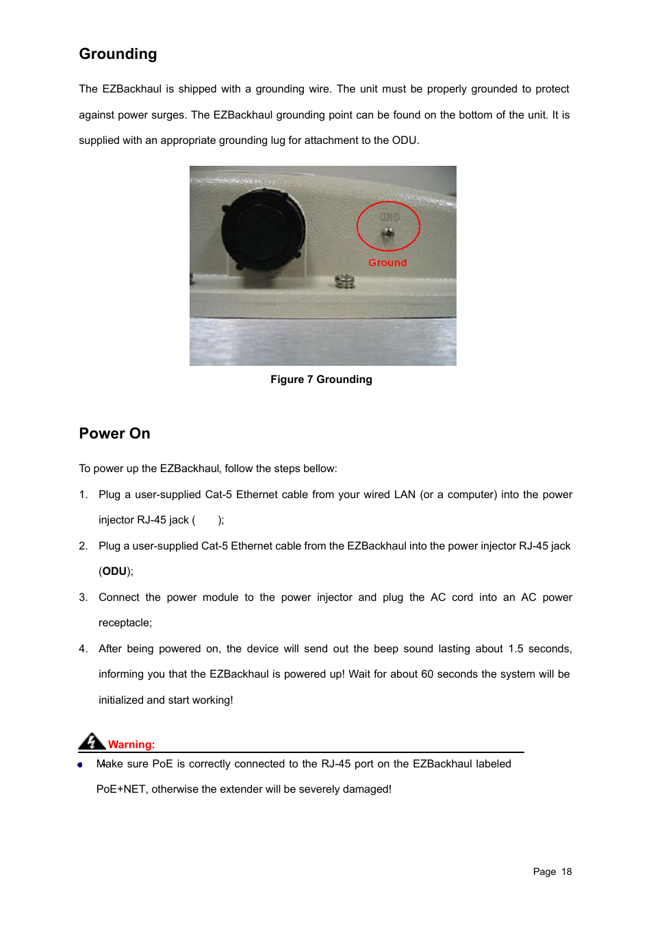 Grounding, Power on | Teletronics EZBackhaul User Manual | Page 18 / 62