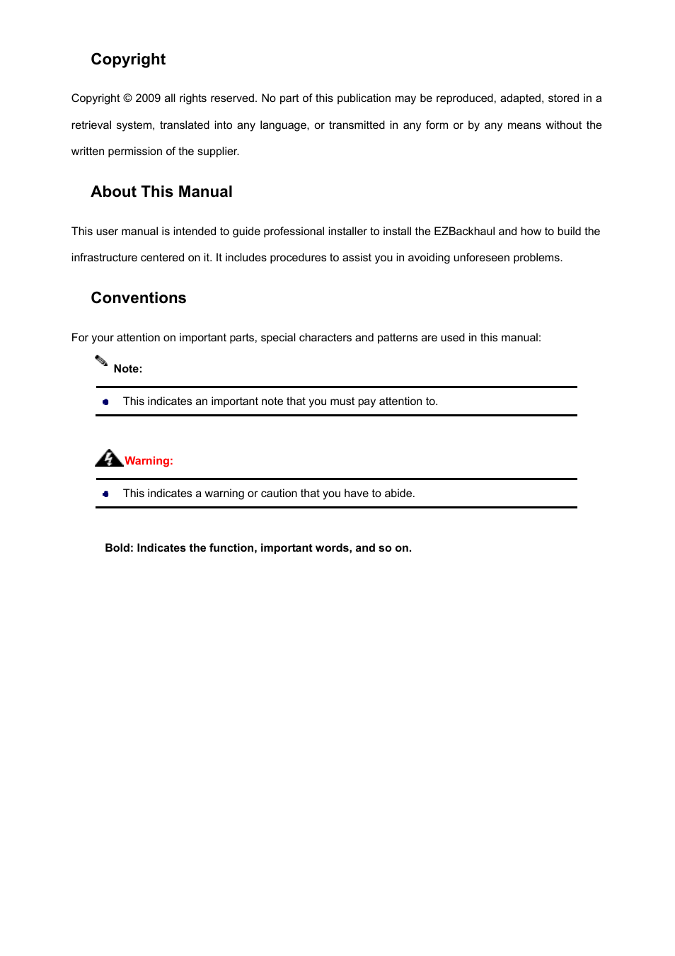 Copyright, About this manual, Conventions | Teletronics EZBackhaul User Manual | Page 2 / 62