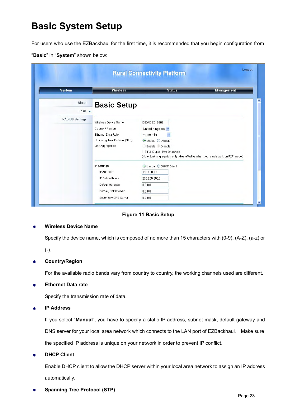 Basic system setup, Dvanced, Ireless | Ettings | Teletronics EZBackhaul User Manual | Page 23 / 62