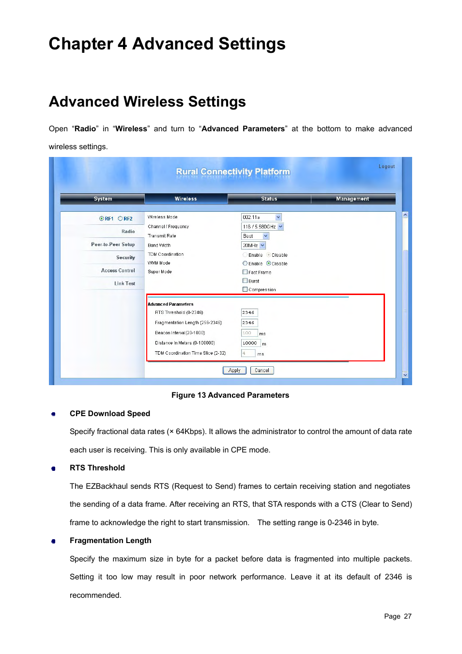 Chapter 4 advanced settings, Advanced wireless settings, Antenna alignment tool | Teletronics EZBackhaul User Manual | Page 27 / 62