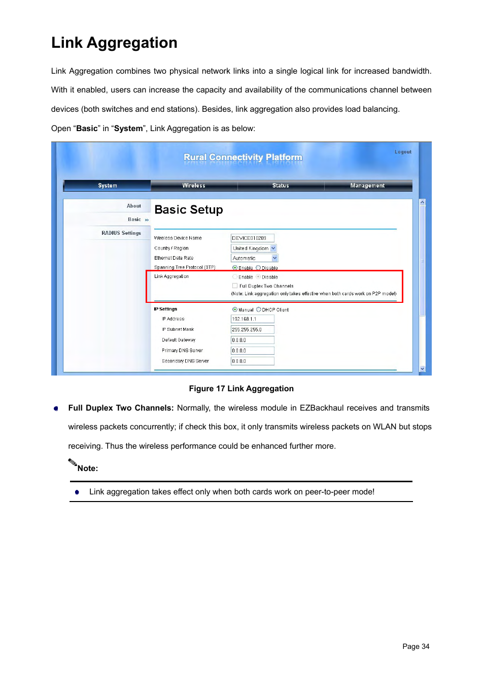 Wireless security settings, Security profile configuration, Ireless | Ecurity, Ettings, Link aggregation | Teletronics EZBackhaul User Manual | Page 34 / 62