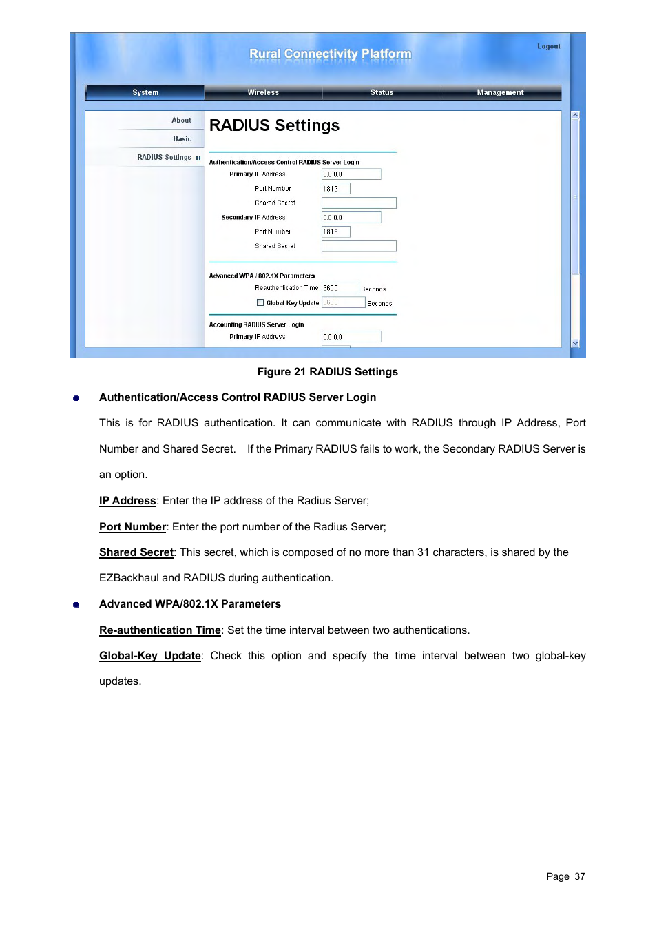 Igure 21, Radius, Ettings | Teletronics EZBackhaul User Manual | Page 37 / 62